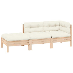 3 Pcs conjunto lounge jardim c/ almofadões creme pinho maciço