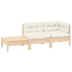 3 Pcs conjunto lounge jardim c/ almofadões creme pinho maciço