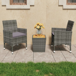 3 Pcs conjunto de bistrô vime PE e madeira de acácia cinzento
