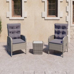 3 Pcs conjunto de bistrô para jardim vime PE e vidro cinzento
