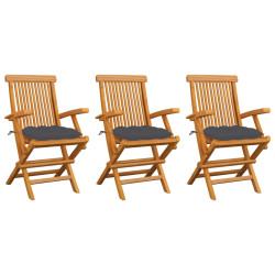 Cadeiras de jardim c/ almofadões antracite 3 pcs teca maciça