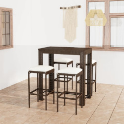 5 Pcs conjunto de bar p/ jardim com almofadões vime PE castanho