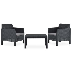 3 Pcs conjunto lounge jardim com almofadões vime PP antracite