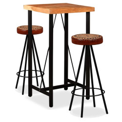Conjunto bar 3 pcs madeira acácia maciça couro genuíno e lona
