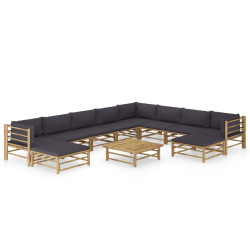11 Pcs conj. lounge jardim em bambu c/ almofadões cinza-escuro
