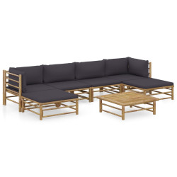 7 Pcs conj. lounge jardim em bambu c/ almofadões cinza-escuro