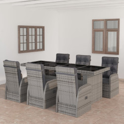 7 Pcs conjunto jantar exterior com almofadões vime PE cinzento