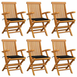 Cadeiras de jardim c/ almofadões pretos 6 pcs teca maciça