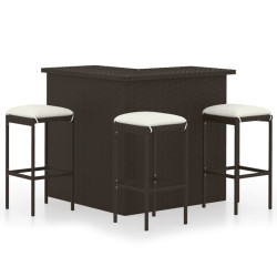 4 Pcs conjunto de bar p/ jardim com almofadões vime PE castanho