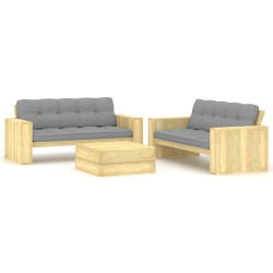 3 Pcs conjunto lounge de jardim com almofadões pinho impregnado