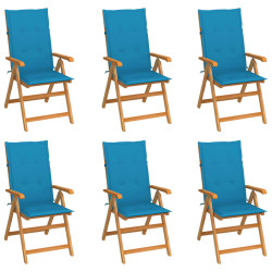 Cadeiras de jardim c/ almofadões azuis 6 pcs teca maciça
