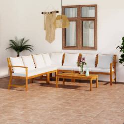 6 Pcs conj. lounge jardim c/ almofadões cor creme acácia maciça