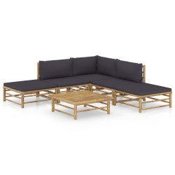 6 Pcs conj. lounge jardim em bambu c/ almofadões cinza-escuro