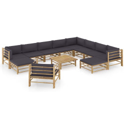12 Pcs conj. lounge jardim em bambu c/ almofadões cinza-escuro