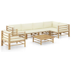 7 Pcs conj. lounge p/ jardim em bambu c/ almofadões branco nata