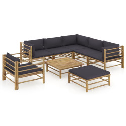 8 Pcs conj. lounge jardim em bambu c/ almofadões cinza-escuro
