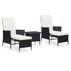 3 Pcs conjunto lounge para jardim c/ almofadões vime PE preto