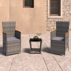 3 Pcs conjunto lounge de jardim c/ almofadões vime PE cinzento