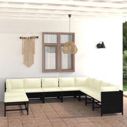 11 Pcs conjunto lounge de jardim c/ almofadões vime PE preto