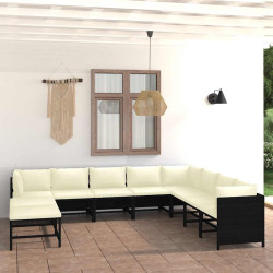 9 Pcs conjunto lounge de jardim c/ almofadões vime PE preto