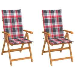 Cadeiras jardim c/ almofadões xadrez vermelho 2 pcs teca maciça