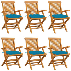 Cadeiras de jardim c/ almofadões azuis-claros 6 pcs teca maciça