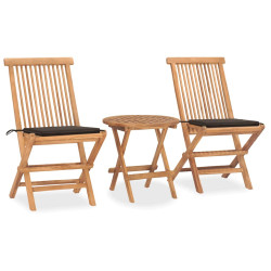 3 Pcs conj. jantar dobrável exterior c/ almofadão teca maciça