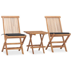 3 Pcs conj. jantar dobrável exterior c/ almofadão teca maciça