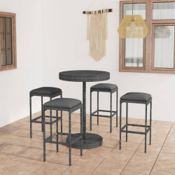 5 Pcs conjunto de bar p/ jardim c/ almofadões vime PE cinzento