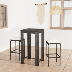 3 Pcs conjunto bar de jardim com almofadões vime PE preto