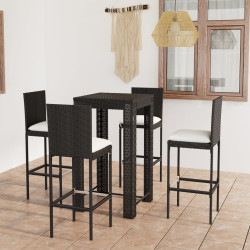 5 Pcs conjunto de bar p/ exterior c/ almofadões vime PE preto