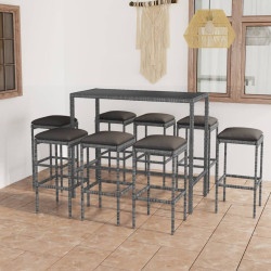 9 Pcs conjunto de bar p/ jardim c/ almofadões vime PE cinzento