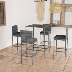 5 Pcs conjunto de bar p/ jardim c/ almofadões vime PE cinzento