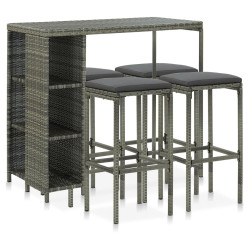 5 Pcs conjunto de bar p/ jardim c/ almofadões vime PE cinzento