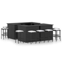 16 Pcs conjunto de bar p/ jardim c/ almofadões vime PE preto