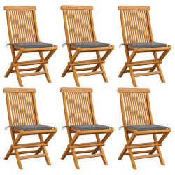 Cadeiras de jardim c/ almofadões cinzentos 6 pcs teca maciça