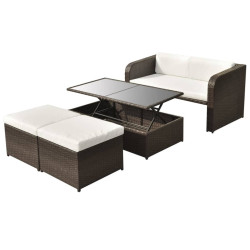 4 Pcs conjunto lounge jardim c/ almofadões vime PE castanho