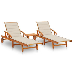 Espreguiçadeiras com mesa e almofadões 2 pcs acácia maciça