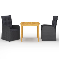 3 Pcs conjunto de jantar para jardim preto