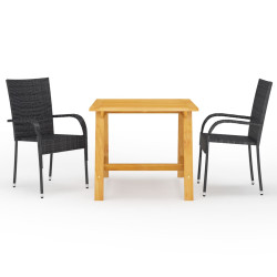 3 Pcs conjunto de jantar para jardim preto