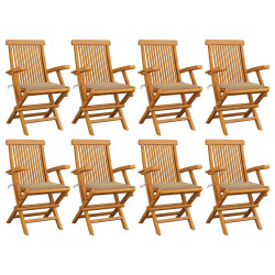 Cadeiras de jardim c/ almofadões beges 8 pcs teca maciça