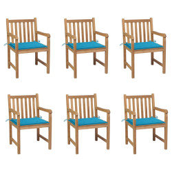 Cadeiras de jardim c/ almofadões azuis 6 pcs teca maciça