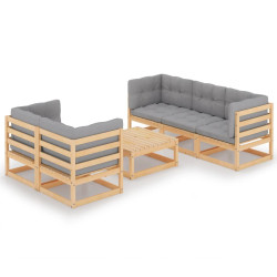 6 Pcs conjunto lounge de jardim com almofadões pinho maciço