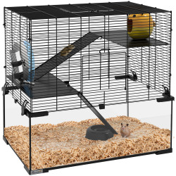 Gaiola para hamster com fundo de vidro plataformas comedouro bebedouro casa rampas e roda de exercício 60x40x54,5 cm preto