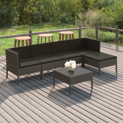6 Pcs conjunto lounge de jardim c/ almofadões vime PE cinzento