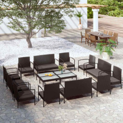16 Pcs conjunto lounge de jardim c/ almofadões vime PE preto