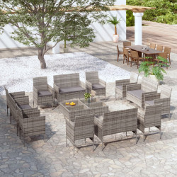 16 Pcs conjunto lounge de jardim c/ almofadões vime PE cinzento