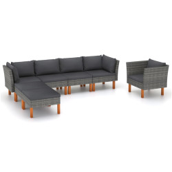 7 Pcs conj. lounge jardim vime PE e madeira eucalipto cinzento