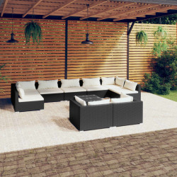 10 Pcs conjunto lounge de jardim c/ almofadões vime PE preto
