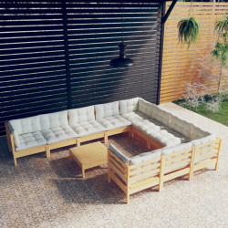 11 Pcs conjunto lounge de jardim c/ almofadões cor creme pinho